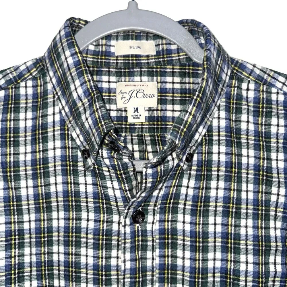 J.Crew Mens Flannel Blue Green White Plaid Long Sleeve Shirt Botton Down Size M